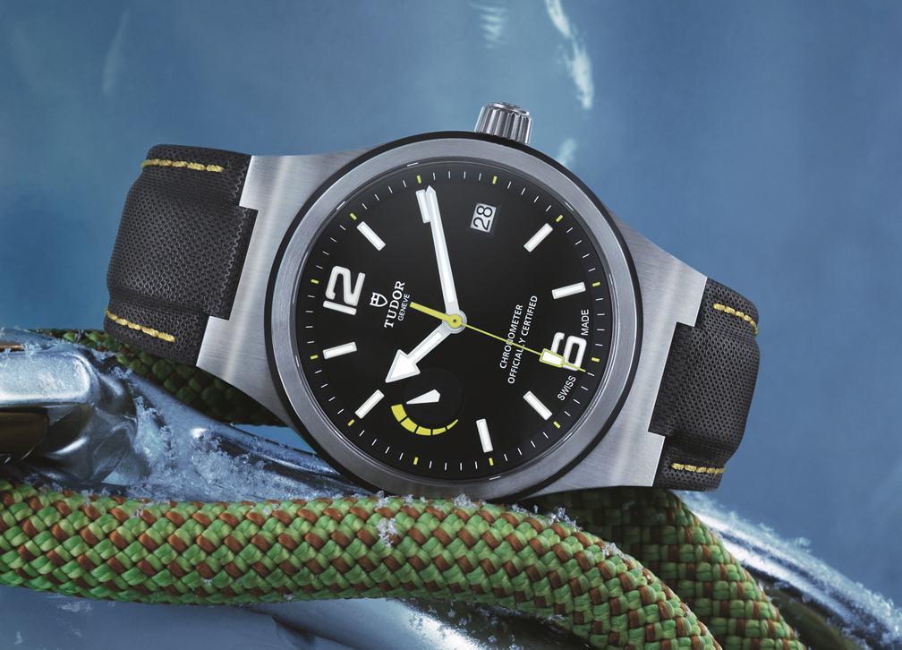 Pictured on the textured black fitted leather strap with yellow stitching. RRP £2,430.