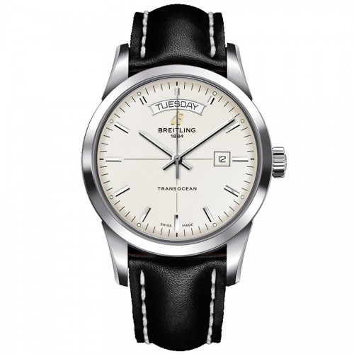 A handsome classic, the Gents Breitling Transocean Day and Date Watch. Features include a black leather strap with white stitching, day/date windows, 100m water resistance and an automatic movement. £3780