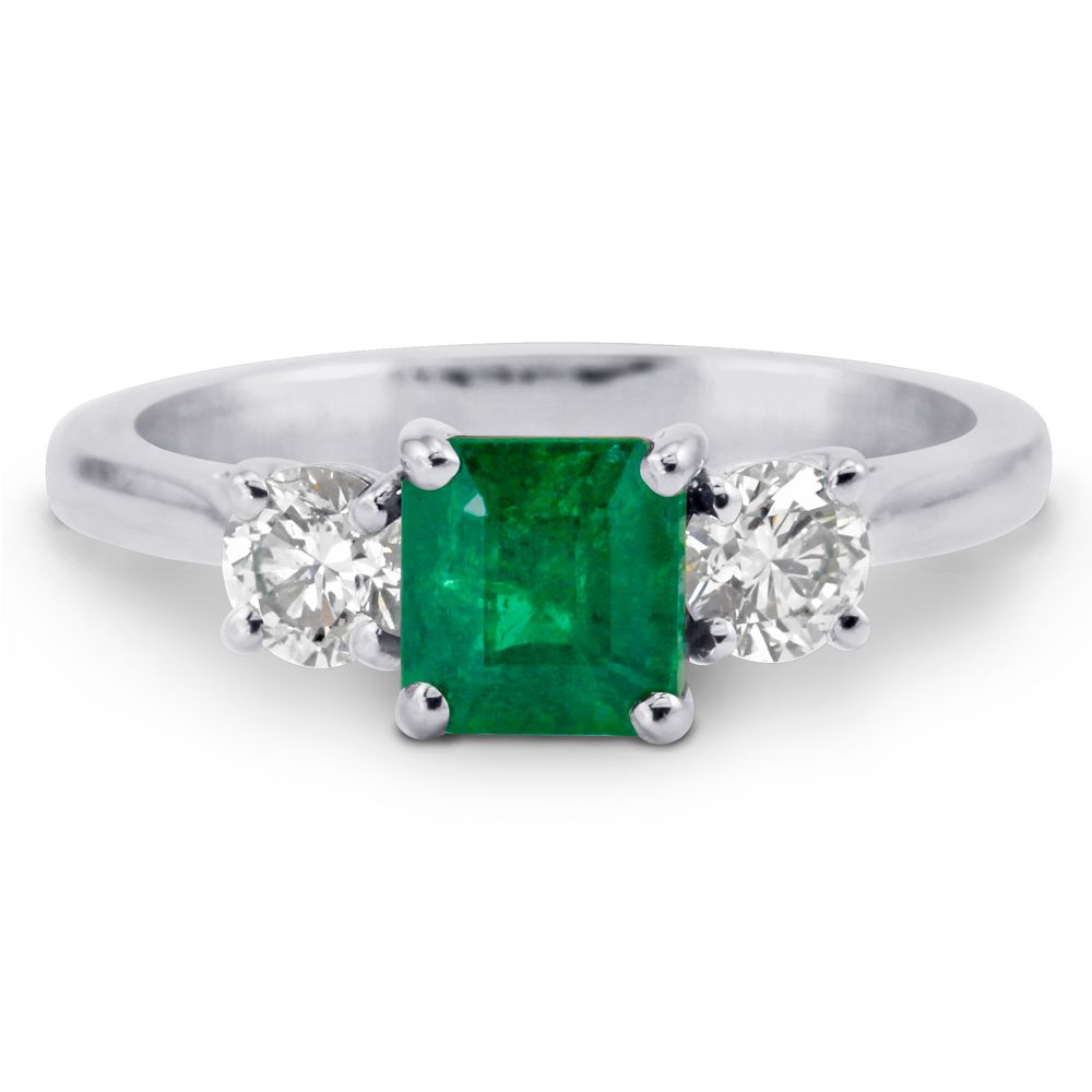 Platinum Cushion Cut Emerald & Diamond Three Stone Ring