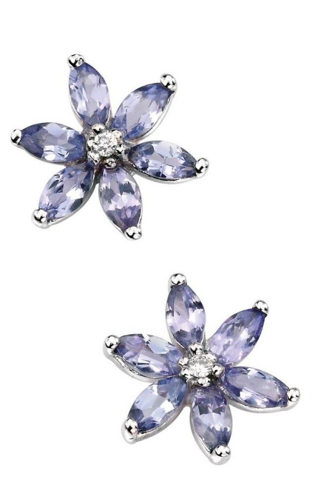 9ct White Gold Tanzanite and Diamond Flower Stud Earrings