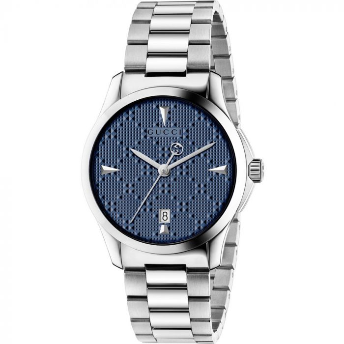 The Gucci Gents G-Timeless stainless steel watch with a blue dial