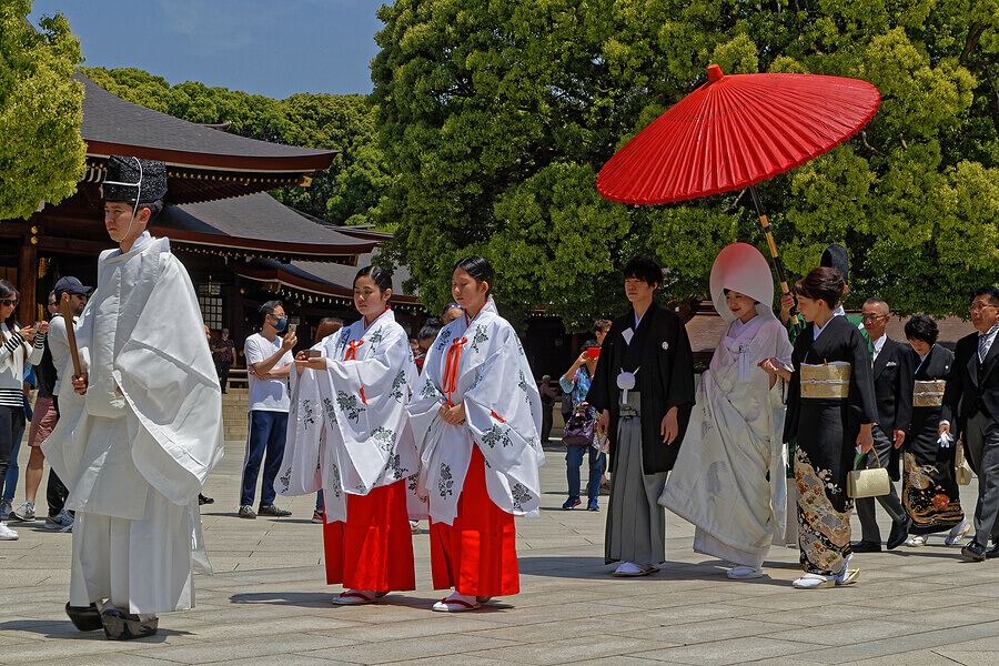 A traditional Japanese shrine wedding procession
