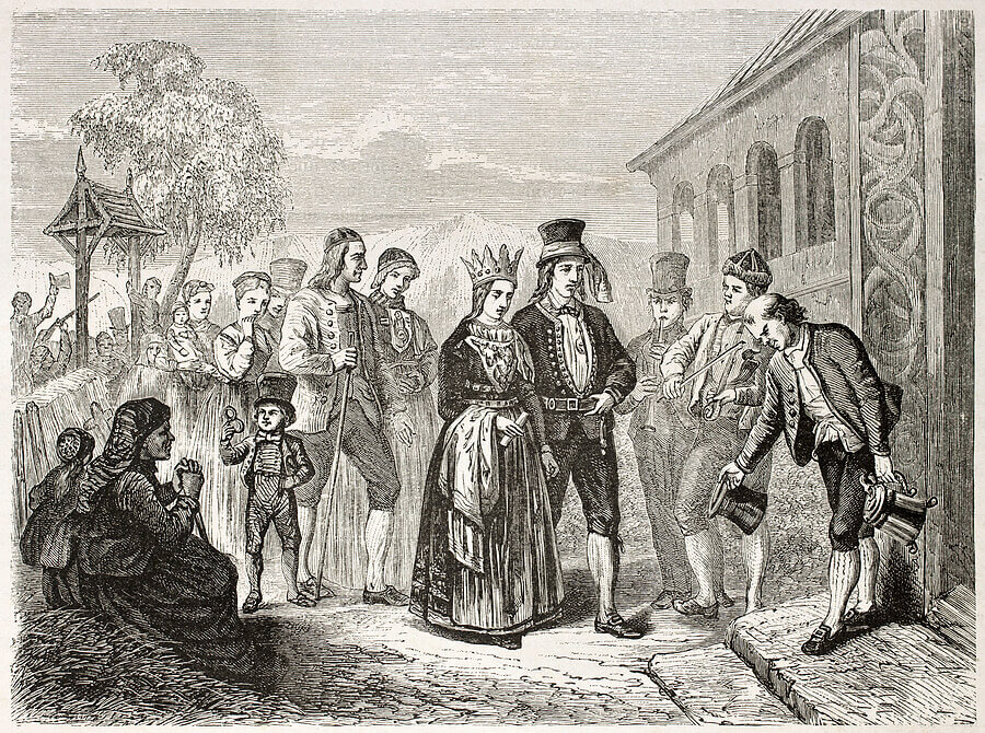 An old illustration of a Norwegian wedding, where the couple are both wearing tradition dress and the bride wears a wedding crown