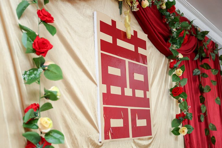 Oriental chinese double happiness red symbol or shuang xi for wedding, engagement, tingjing, and tingfen. Chinese wedding traditions.