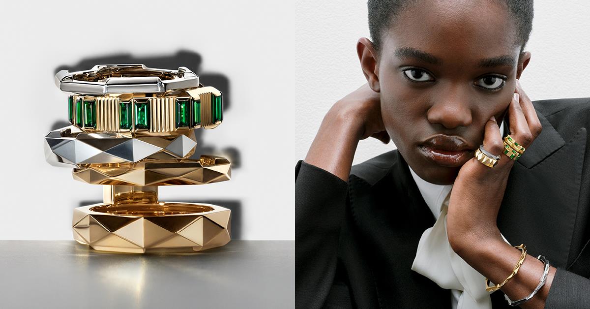 gucci link to love collection. link to love rings stacked for product shot next to model shot.